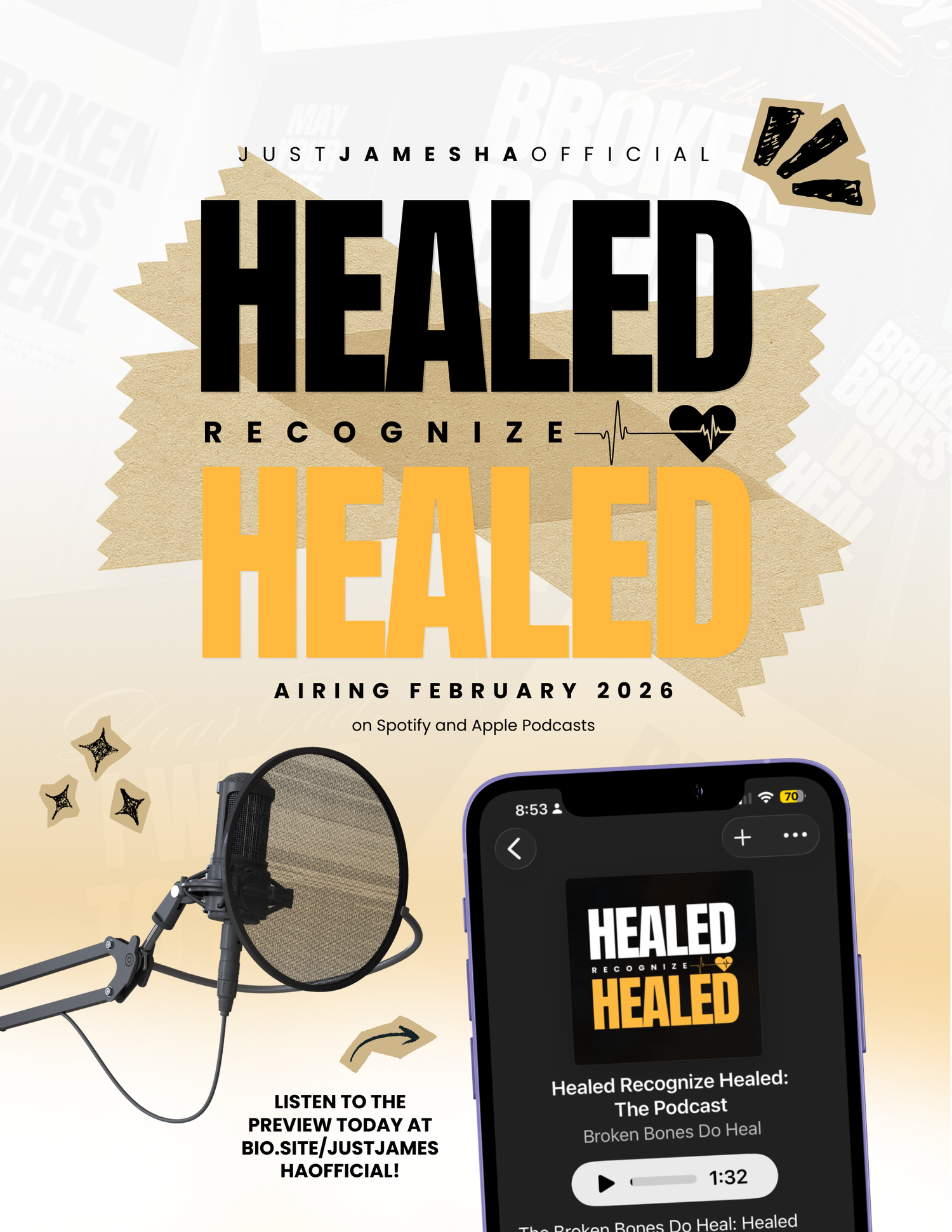 Promotional graphic for a podcast titled 'Healed Recognize Healed' with a microphone and smartphone displaying the podcast app.