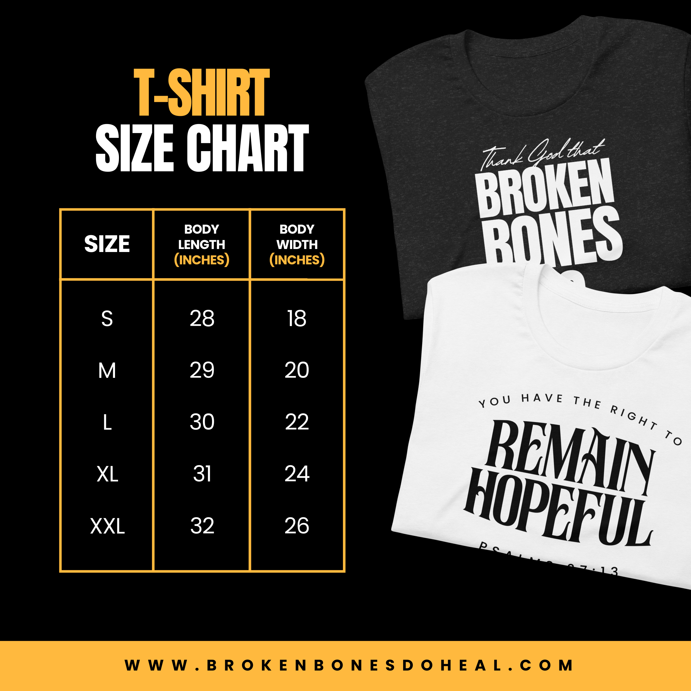 T-shirt size chart with two t-shirts displaying text on a black background