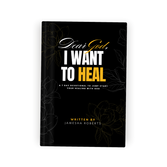 Book titled 'Dear God, I Want to Heal' on a black background with floral designs.